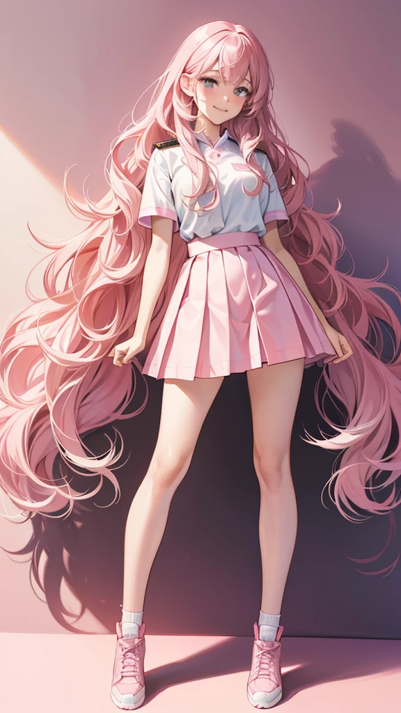 18-year-old、high school girl、smug face、Fluffy wavy hair、Gal、Pink Hair、blush、smug face、Short sleeve、White Uniform、Pink Skirt、Mature、eight-headed body、Beauty、Full body portrait、Standing pose