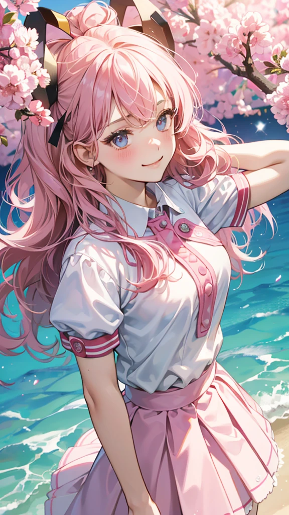 18-year-old、high school girl、smug face、Fluffy wavy hair、Gal、Pink Hair、blush、smug face、Short sleeve、White Uniform、Pink Skirt、Mature、eight-headed body、Beauty、Full body portrait、Standing pose