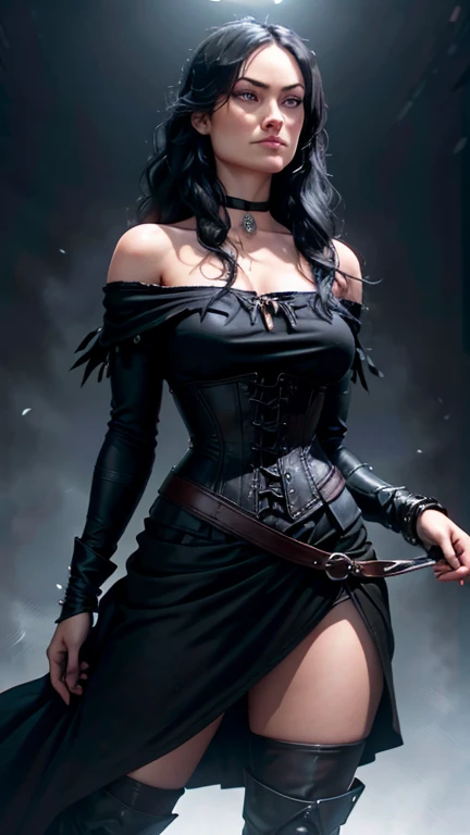 (Olivia Wilde face), Generate an illustration of a young (Yennefer of Vengerberg), of Witcher 3, hair combed to sides, layered haircut, de terno preto, long hair flows to her back, hair flows straight down, black hair, Ultrarealistic Violet eyes, both eyes are similar, (big round breasts), low-cut deep cleavage, Ultrarealistic juicy round butt, thick thighs, black Corset outfit in anime format with a serious style, ((black strapless dress)), Ruby black velvet choker, grey tights, black boots, gothic make up, masterpiece, ((dark lighting)), black background, puffy lips,slendered toned abs, beautiful face