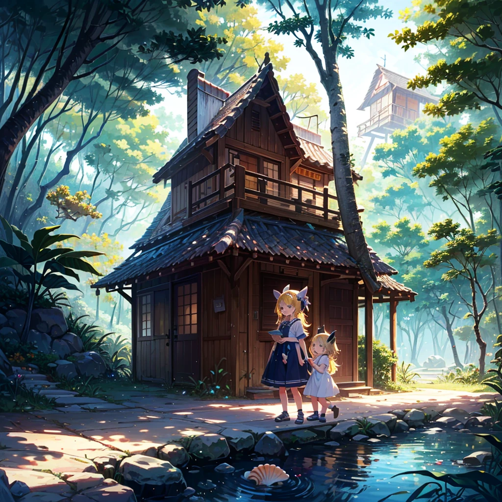 Very detailed background (deserted island, tropical country, tree house), beautiful and bright atmosphere, 3 girls (), clothes made from leaves, (hair ornament made from seashells), (short arms: 1 year old), round face), (child: 1 and a half years old) (hair, surface effects, color effects), small breasts, blonde hair, super long hair tied on the head (hair, surface effects, color effects), girls fighting a boar, long spear Ready, deltamon_sdXL: 0.73>deltamon Translation: DeepL.com (free version)