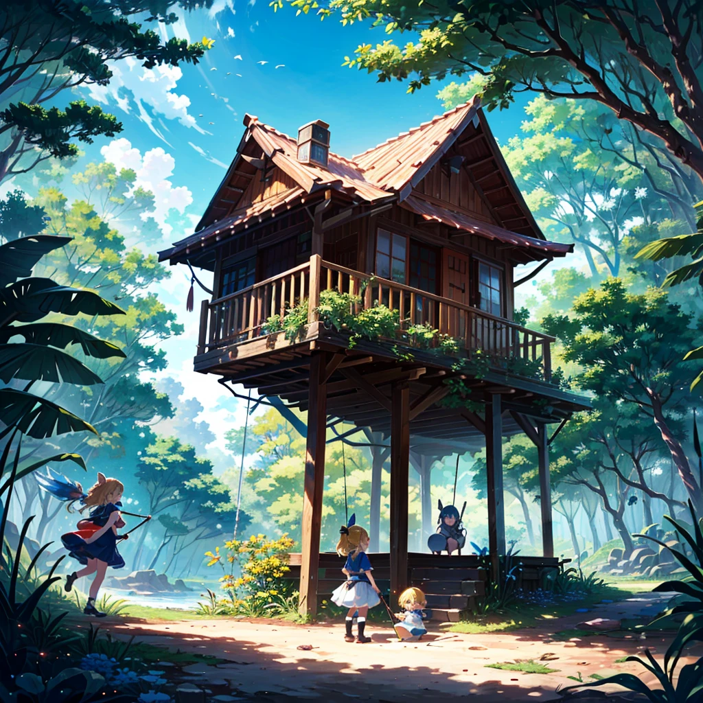 Very detailed background (deserted island, tropical country, tree house), beautiful and bright atmosphere, 3 girls (), clothes made from leaves, (hair ornament made from seashells), (short arms: 1 year old), round face), (child: 1 and a half years old) (hair, surface effects, color effects), small breasts, blonde hair, super long hair tied on the head (hair, surface effects, color effects), girls fighting a boar, long spear Ready, deltamon_sdXL: 0.73>deltamon Translation: DeepL.com (free version)