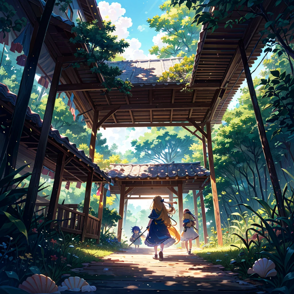 Very detailed background (deserted island, tropical country, tree house), beautiful and bright atmosphere, 3 girls (2 years old), clothes made from leaves, (hair ornament made from seashells), (short arms: 1 year old), round face), (child: 1 and a half years old) (hair, surface effects, color effects), small breasts, blonde hair, super long hair tied on the head (hair, surface effects, color effects), girls fighting a boar, long spear Ready, deltamon_sdXL: 0.73>deltamon Translation: DeepL.com (free version)