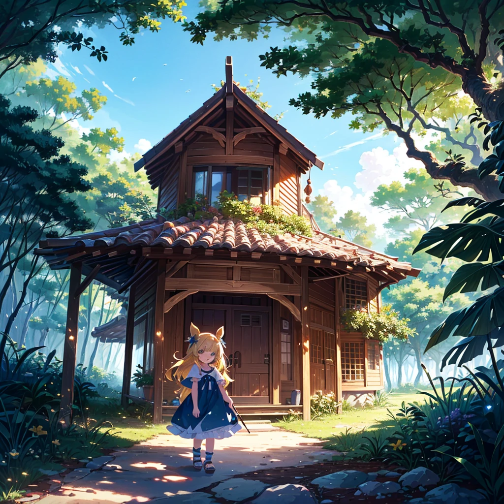 Very detailed background (deserted island, tropical country, tree house), beautiful and bright atmosphere, 3 girls (2 years old), clothes made from leaves, (hair ornament made from seashells), (short arms: 1 year old), round face), (child: 1 and a half years old) (hair, surface effects, color effects), small breasts, blonde hair, super long hair tied on the head (hair, surface effects, color effects), girls fighting a boar, long spear Ready, deltamon_sdXL: 0.73>deltamon Translation: DeepL.com (free version)
