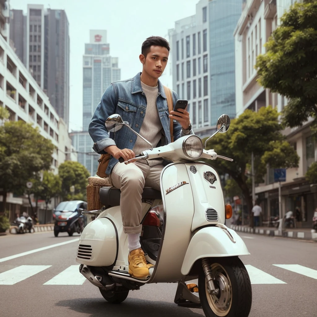 outdoor photo, an Indonesian man riding a Vespa scooter, wearing casual relaxed clothes, a realistic background of empty city streets, best photography results, UHD, 32K