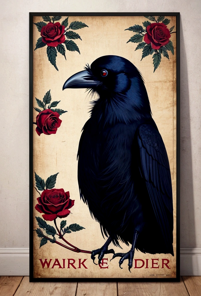 Raven With Flowers, Vintage Poster, Dark Academia Wall Art, Gothic Dark Floral Victorian Crow