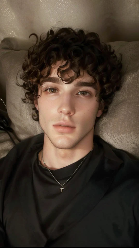 Man lying on a sofa with a necklace around his neck, he has short, curly brown hair, taken at the beginning of 2020, perfect beautiful  face, beautiful  face, Roberto Sheehan, looking defiantly at the camera, inspired by John Lucas, profile picture with headshot, really beautiful  face!!, curls on top of the head, beautiful  face