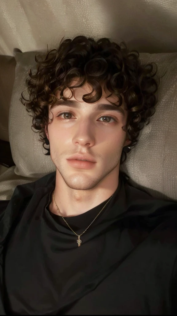 Man lying on a sofa with a necklace around his neck, he has short, curly brown hair, taken at the beginning of 2020, perfect beautiful  face, beautiful  face, Roberto Sheehan, looking defiantly at the camera, inspired by John Lucas, profile picture with headshot, really beautiful  face!!, curls on top of the head, beautiful  face