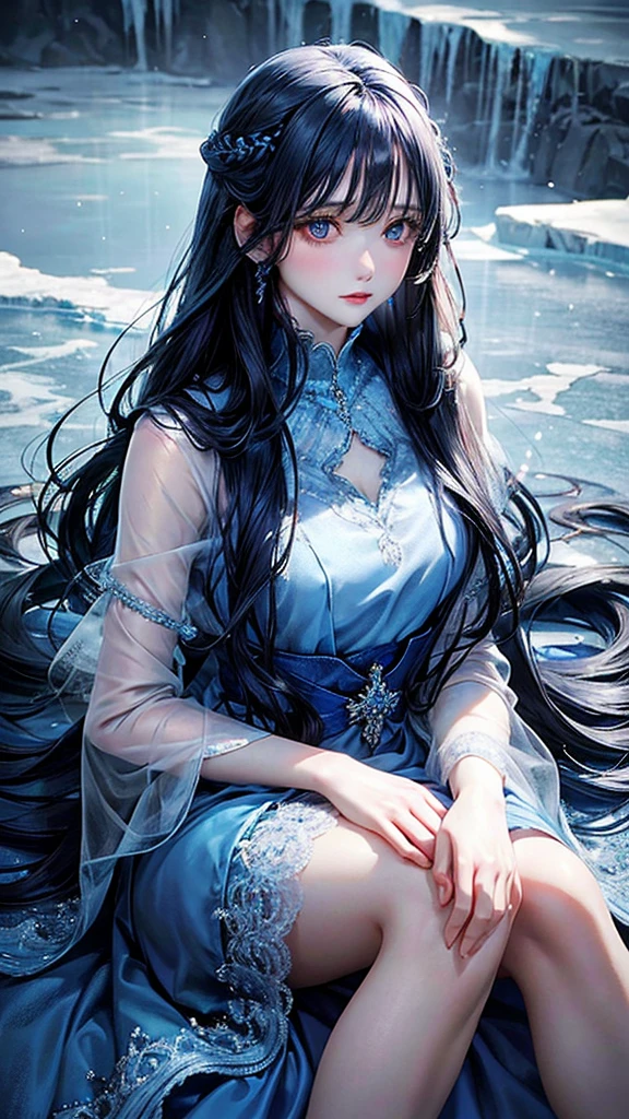 A beautiful woman in a blue dress and long hair, Her intense gaze and pale skin contrast with the cold ice landscape that surrounds her.. The detail in her dress and hair is impressive., Every fold and strand of hair is meticulously rendered in this hyper-realistic work of art..