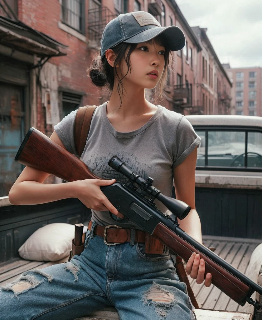 8K,Realistic Photo、Realistic Skin Texture、Superrealism、Japanese woman living in America、Operation、In a mid-sized American city、Old brick building、mortar、Loose Fit T-Shirt、Denim pants、Dirty sneakers、Hunting rifles、Dirty alley、Baseball Cap、Crouched in the bed of an old pickup、Natural pose、Innovative composition