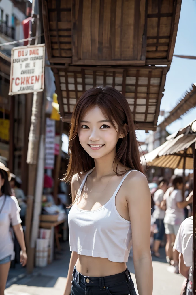 Photorealistic photo of a young redhead woman strolling through an old market in Thailand, A kind smile, art：midjorney, Luminism, The ultimate in complex shadow and light contrast, An award-winning IPA, Artistic Lens, Warm colors, art：Tim Burton