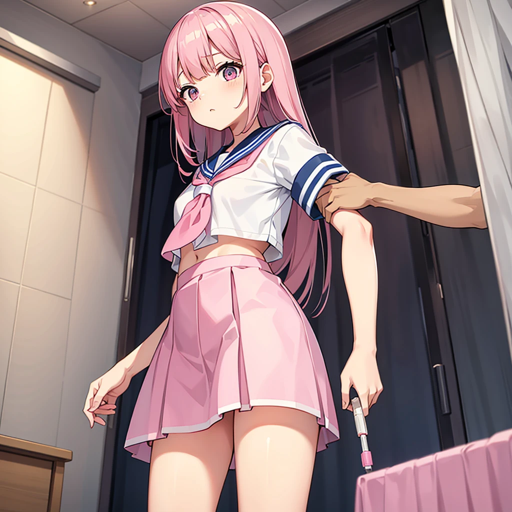 A pink-haired high school girl in a sailor uniform receives a vaccination、The man grabbed his arm、Take the syringe and stick it into your upper arm.。.