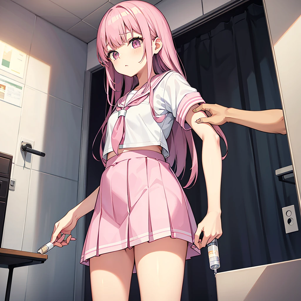 A pink-haired high school girl in a sailor uniform receives a vaccination、The man grabbed his arm、Take the syringe and stick it into your upper arm.。.