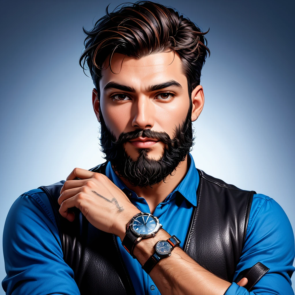 there is a man with a beard and a watch on his wrist, portrait shot, captured on canon eos r 6, mid shot portrait, shot on canon eos r5, shot on canon eos r 5, shot on sony a 7 iii, detailed portrait shot, shot on sony a 7, taken with sony alpha 9, mogul khan, stylish pose. keep his face same as source image and creat his cartoonish avatar . Gradient blue background with professional lighting. masterpiece, top quality, highly detailed skin and face, ultra-realistic, high definition, studio lighting, sharp focus, 2/3 body angle, Concept Art.
