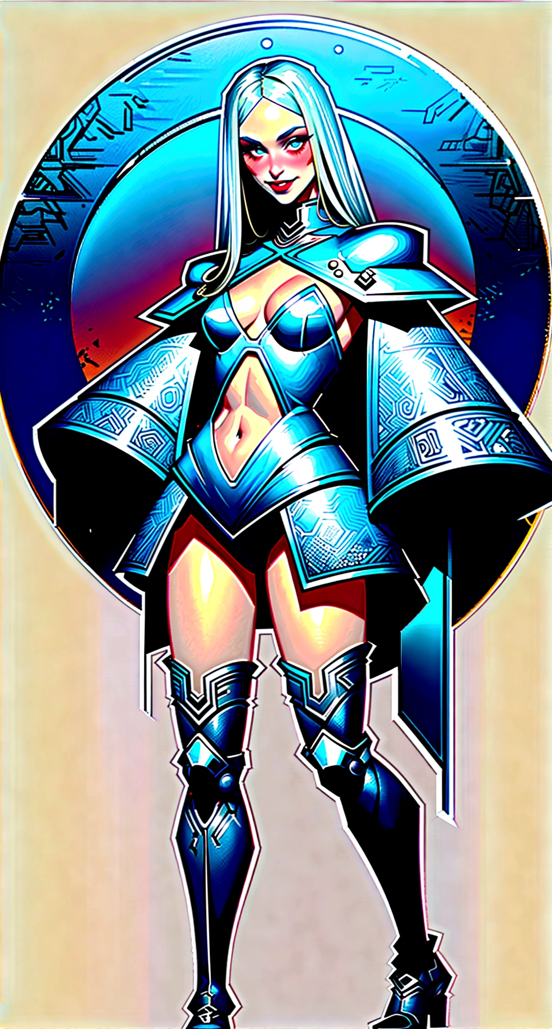 Masterpiece, Best Quality,(highly accurate drawing in every detail)(extremely precise representation),(anatomically correct), frighting but awe inspiring night time with full moon scenery,1girl,fit,small breasts,long legs, sporty butt, gothic style, glowing eyes, pale skin, we capture a complete stunning tall young vampire girl (scary but friendly) with cute and frienly smiling face takes a nice pose and showing her sweet fangs keeping her fine crafted straight-sword in front of her krypta surrounded wearing a beautifully crafted black with brass ornaments meager and form fitting plate armor with some white lace covered skin , extreme long silver hair, overknee armor heeled boots with buckles. (Masterpiece), (Best Quality), (ultra detailed), (most absurd), (highres), (official art:1.4), (illustration:1.4), (clear image:1.2),(delicate illustration: 1.2), 8k ,(detailed face:1.3), (highlights in eyes:1.3), (detailed silver long hair:1.3), (detailed skin:1.3), , perfect drawing lines. detailliertes ganzkörper bild, ganzkörper darstellung, kopf und hände und füsse im bild,