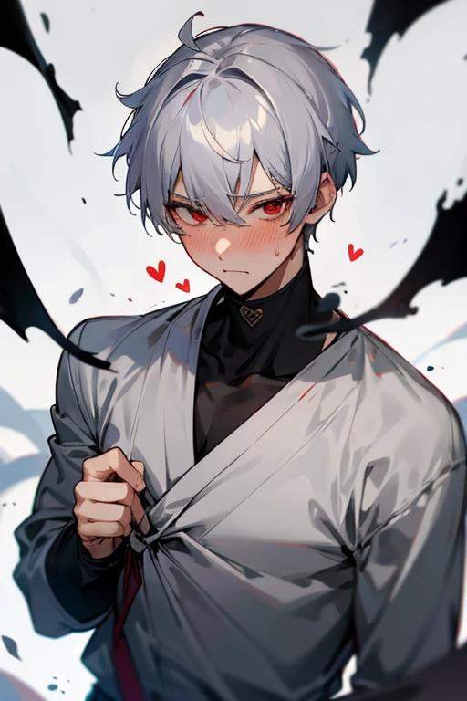 male、Gray Hair、Gray Hair、short hair、Red Eye、冷血なmale、good looking、Cold Face、Well-formed face、Well-built、clumsy、clumsyながらも愛を伝える、whisper、Embarrassing、Sweat、Burn、blush、confusion、heart、