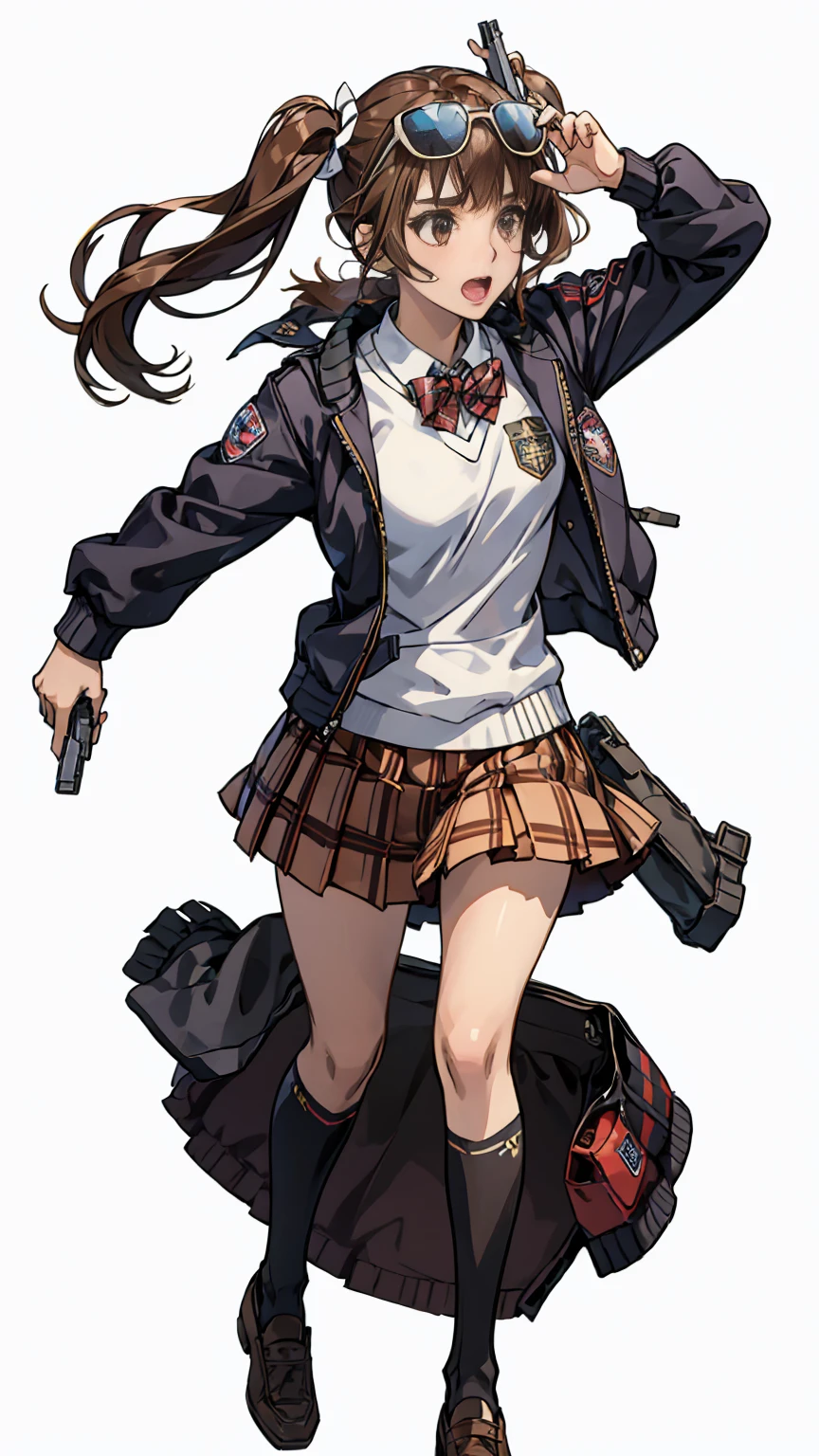 1girl, solo, open mouth, skirt, simple background, brown hair, shirt, white background, holding, twintails, brown eyes, , jacket, full body, weapon, pleated skirt, shoes, socks, holding weapon, gun, plaid, plaid skirt, brown footwear, sunglasses, letterboxed, black socks, loafers, holding gun, eyewear on head, handgun, dual wielding, aiming, letterman jacket