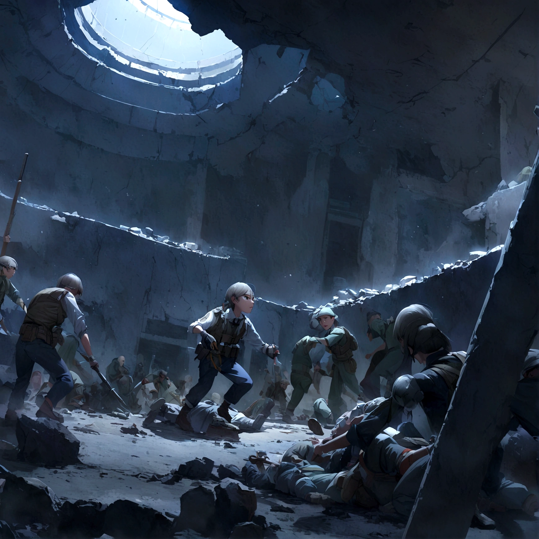 Minjun discovers an abandoned military base., This is the scene where all the zombies in the base are defeated.. Minjun is clearing away the rubble., Go into battle to ensure the safety inside the base..