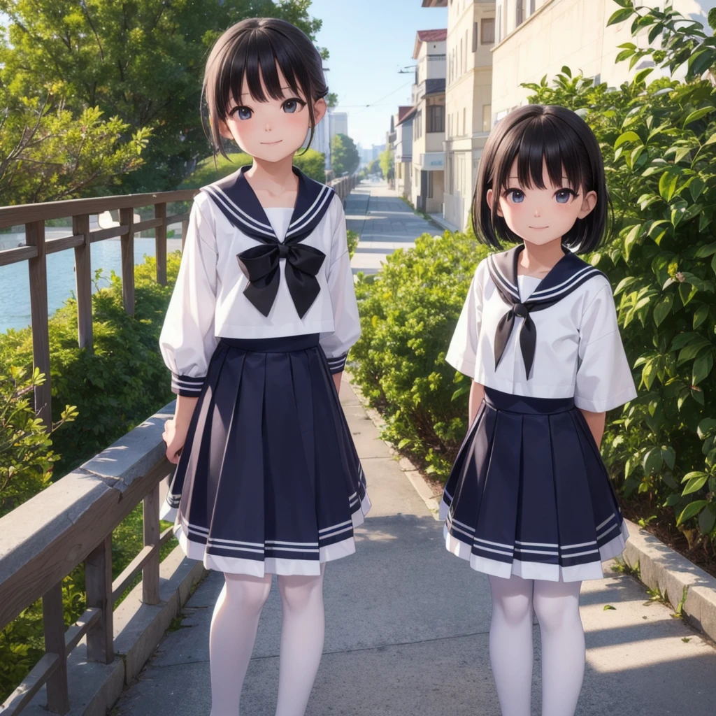 1People Girls, clear, cute, (View your viewers:1.0), detaileds sky, ((masterpiece:1.4, Highest quality)), multiple detaileds, eye shadow, SFW, (Medium Shot:1.5), Gradient eyes,
roller:addition_detailed:0.8>, (Black Pantyhose:1.2), Straight,
1People Girls, Have, Sailor, Branch Eyes, short hair, Black Hair, Sailor collar, White shirt, Semi-transparent knee-length skirt,Long skirt below knee length, Murasa Minamitsu, hishaku、smile