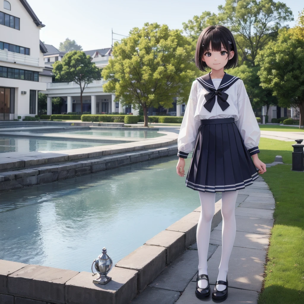 １People Girls, clear, cute, (View your viewers:1.0), detaileds sky, ((masterpiece:1.4, Highest quality)), multiple detaileds, eye shadow, SFW, (Medium Shot:1.5), Gradient eyes,
roller:addition_detailed:0.8>,  (Black Pantyhose:1.2), Straight, 
1People Girls, Have, Sailor, Branch Eyes, short hair, Black Hair, Sailor collar, White shirt, Semi-transparent knee-length skirt,Long skirt below knee length, Murasa Minamitsu, hishaku、smile