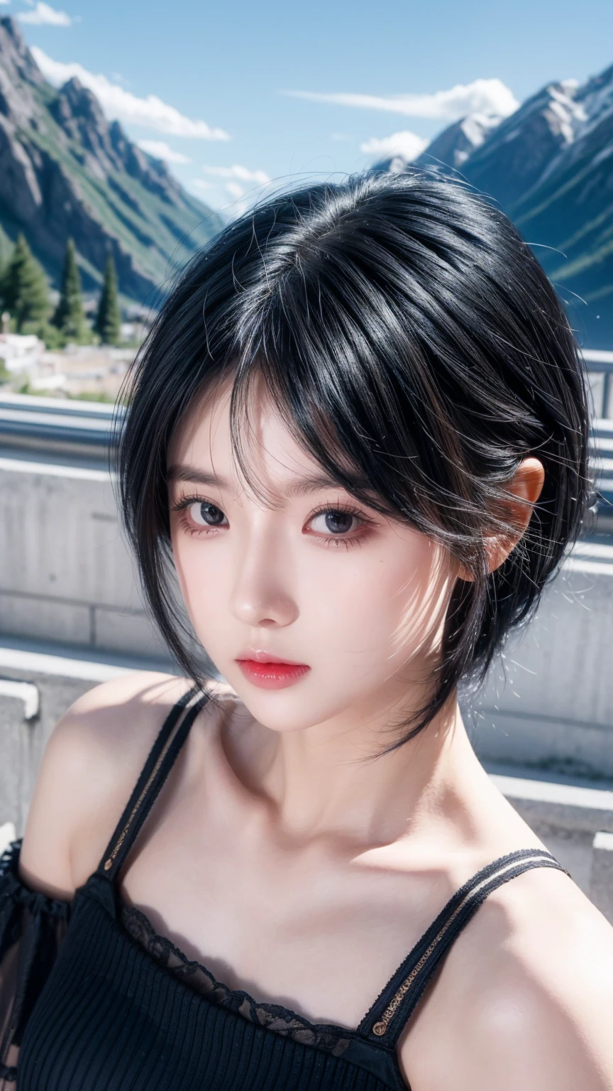 best quality, 1 Girl, dark blue hair, black eyes, Very short hair, Spiky hair, wears sweet dress luxury, 171 cm, Messy hair, Hair between the eyes, Tomboy, aldult, 20 years old, A sweet girl by the mountain