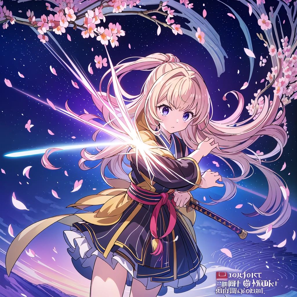 1girl,(((Highest quality、Official Art、The best composition、Masterpiece、Award-winning works)))、Serious expression、The moment the Japanese sword is swung down、ダイナミックなThe best composition、Super huge、detailed、whole body、Fractal art of cherry blossoms falling、hologram、An aura surrounds the person、hideo minaba,