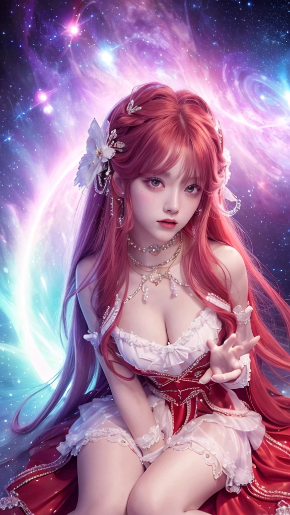 4K Ultra HD, masterpiece, A girl with a magical aura, Nice face, Long Hair, Shiny Hair, Fine grain, Glossy Lips, Wearing a red ta costume, Aura around the body, Magical Effects, Spreading white light, Cosmic elements and ethereal atmosphere, A mix of bright lights and colorful nebulae, Space Background, Sitting, Full Body Capture.