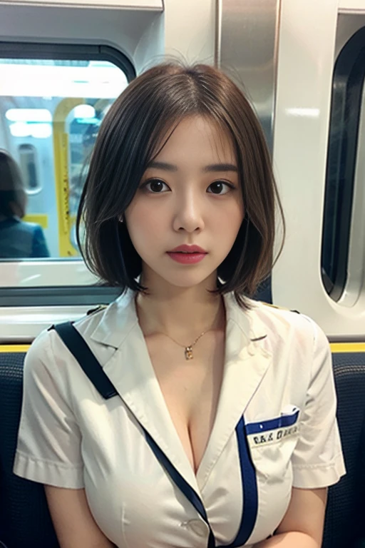 Realistic photo of 1 gorgeous Asian wife, short hair, White skin, thin makeup, ample round bosom, wearing white uniform, on the train, upper body portrait, cinematic lighting, UHD, night bokeh background