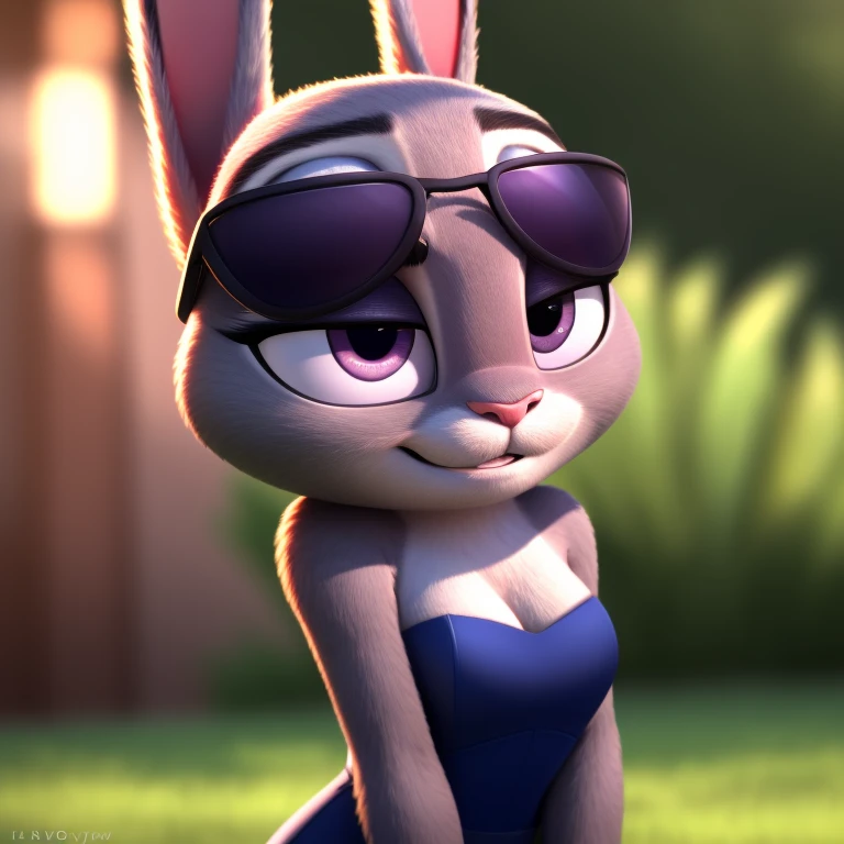 Judy Hopps, strapless tight dress, cleavage, halo, sunglasses, jewelry, purple eyes, longeyelashes, purple eyes, smile, shy, blush, high detail, masterpiece, UHD, anatomically correct, super detail, highres, 4K