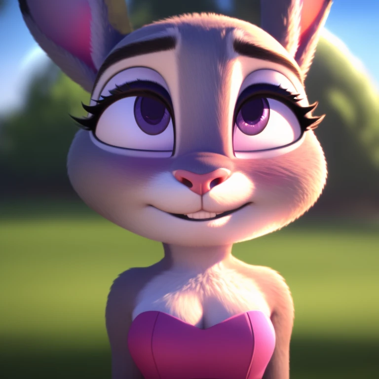 Judy Hopps, strapless tight dress, cleavage, halo, sunglasses, jewelry, purple eyes, longeyelashes, purple eyes, smile, shy, blush, high detail, masterpiece, UHD, anatomically correct, super detail, highres, 4K