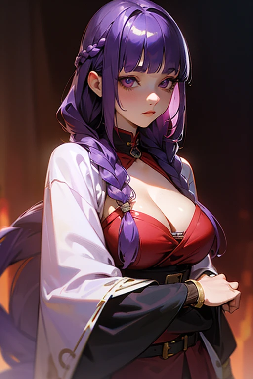 1 Girl, Blunt bangs, Braiding, Wide sleeves, hair ornaments, Red Belt, (Purple Hair:1.2), Very long hair, Straight hair, Looking at the audience, Highly detailed background, (Realistic:1.2), Beautiful Eyes, Red eyeshadow, Written boundary depth，thigh, (Urzan-6500:0.7), Upper Body, (alone:1.2), Cleavage, Shiny skin、(bike)