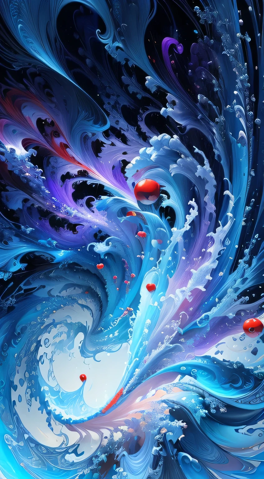 There is a red ball in the painting,Surrounded by swirls of blue and purple, Water painting, Highly detailed digital painting, A beautiful artistic illustration, Digital painting highly detailed, Koi floating in space, Inspired by Yuumei, Vortex Water Universe, Inspired by Tosa Mitsuki, Complex digital painting, Very detailed numbers, Fantastic numbers, iPhone Wallpapers