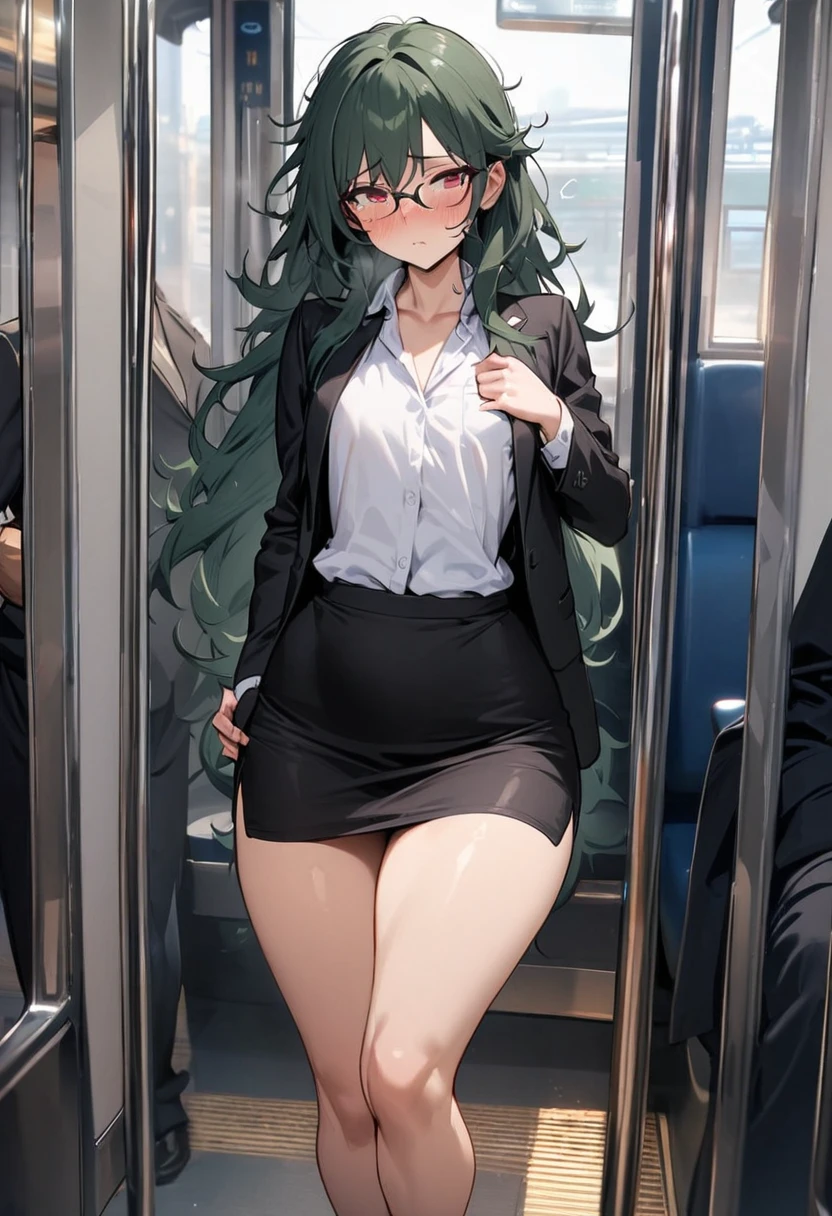 masterpiece, best quality, 1 female, solo, 35 year old female,full body,standing ,office lady, black skirt, black blazer, pencil skirt, white shirt,flat chest,Long Hair, Dark Green Hair,messy hair,glasses, red eyes,Shy , wide hips,tall,in train,molestation,her butt touched by a man