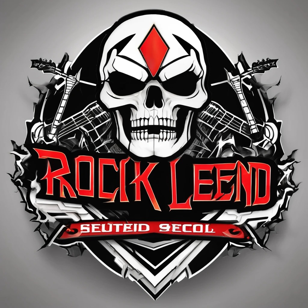 A captivating 3D render of a modern and edgy storefront logo for "Rock Legend Tees", a fictional clothing brand specializing in rock-inspired t-shirts. The logo features a stylized, demonic-looking rock guitarist with fiery red hair and an electric guitar, standing on top of a large "T" that represents t-shirts. The overall design is bold, with a mix of black, white, and red colors. The logo is intended to evoke a sense of rock n' roll attitude, rebellion, and timeless style., 3d render