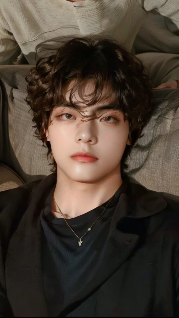 Man lying on a sofa with a necklace around his neck, he has short brown hair, taken at the beginning of 2020, perfect beautiful  face, beautiful  face, Taehyung Kim, looking defiantly at the camera, inspired by John Lucas, profile picture with headshot, really beautiful  face!!, curls on top of the head, beautiful  face