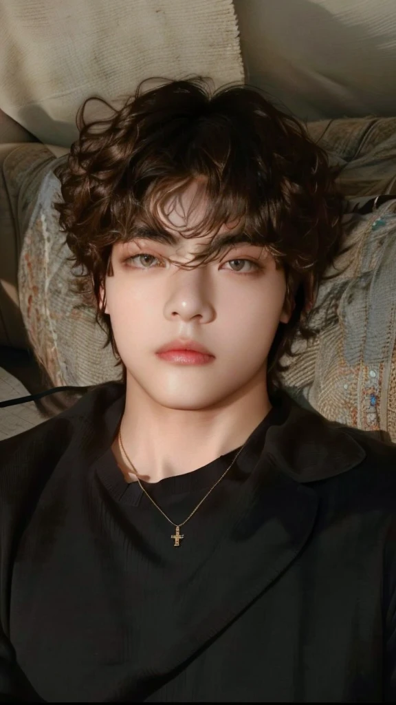 Man lying on a sofa with a necklace around his neck, he has short brown hair, taken at the beginning of 2020, perfect beautiful  face, beautiful  face, Taehyung Kim, looking defiantly at the camera, inspired by John Lucas, profile picture with headshot, really beautiful  face!!, curls on top of the head, beautiful  face