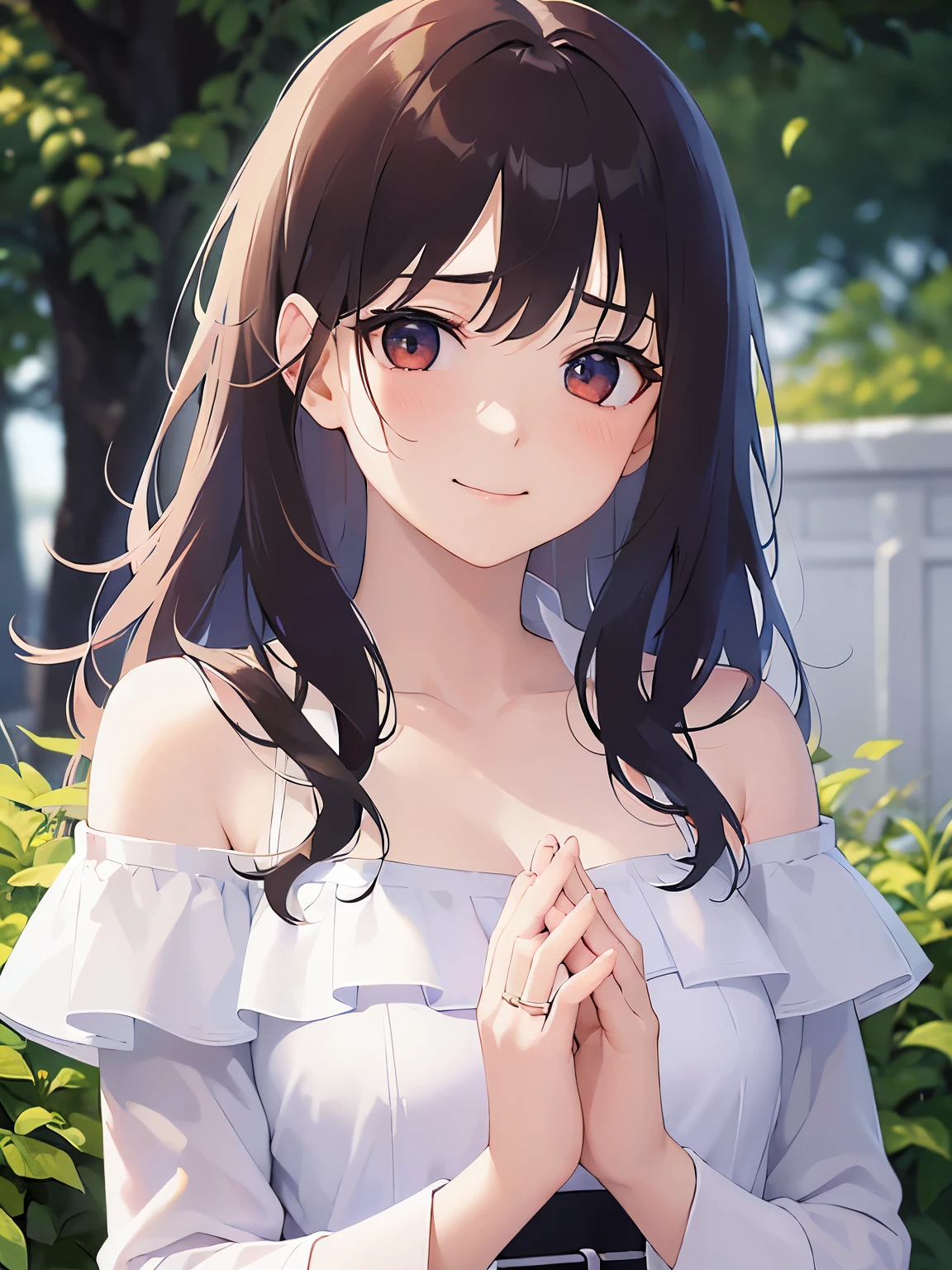 Biologically correct five fingers、clasping own hands, head tilt, Realistic, real person, (pale skin: 1.2), upper body, RAW photo, photorealistic, shiny skin, shiny hair、(A 35-year-old woman with medium-length hair and bangs) and (wavy hair) and (brown hair) and (Orange Eyes) , (white:1.5) and (off shoulder blouse) 、Cleavage、(sad smile:1.5), open mouth, The background is a park、Alone、Are standing