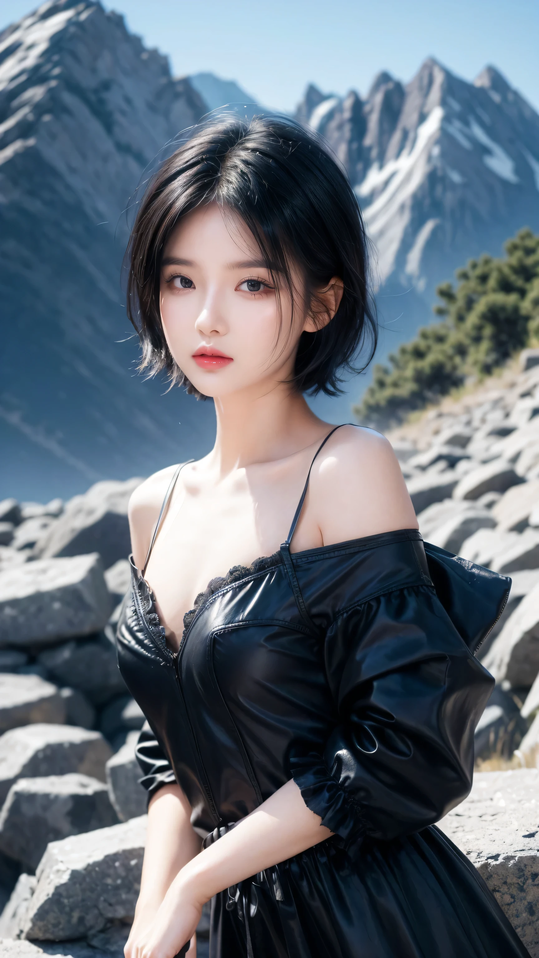 best quality, 1 Girl, dark blue hair, black eyes, Very short hair, Spiky hair, wears sweet brow dress luxury，A cropped dress, 171 cm, Messy hair, Hair between the eyes, Tomboy, aldult, 20 years old, A sweet girl by the mountain