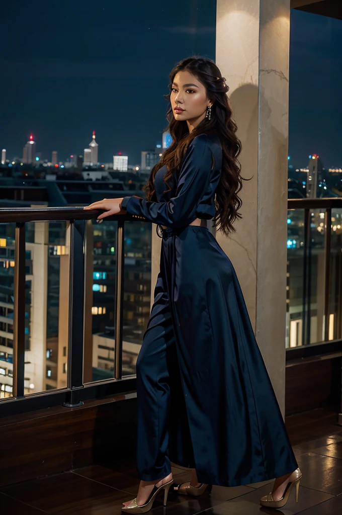 Full body high fashion, curly long hair, floating hair by the wind, extreme artistic, intricate poses, Incredible photorealistic high resolution camera pics in the style of gardenia of a luxury scenic at patio in rooftop with Jakarta city scape,view in the night and beautiful stylish decor night Life, realistic eyes, facial profile view, Head to toe, Full body, used high heels, used earrings, relaxed, at night Cinematic, ethereal, 900k photorealistic camera shot, young Asian who looks like 
An idol, strong but elegant, sophisticated modeling beautiful blue clothes in the style of wealthy appearance, at night, nightlife, glamour colors, backlit, soft light, dim light, hair light, epic lighting, natural colors, glamourous atmosphere, romantic vibes