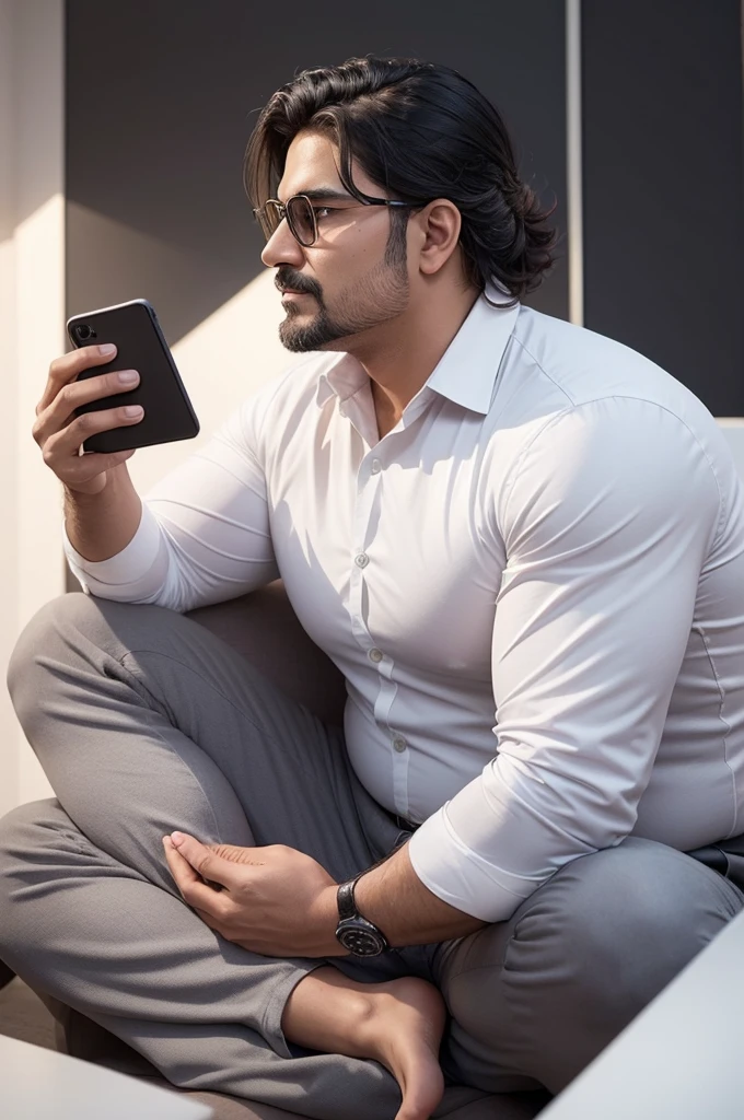 Create a 3D illustration of an animated Indian character sitting casually on top of a social media logo "instagramart". The character must wear a white dress shirt, short-hair, gray and wavy, skin fair, slightly slanted eyes, is a little overweight, gray beard and holding an iPhone. The background of the image is a social media profile page with the username "Wagner sales consultant" and a matching profile photo.