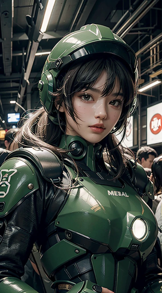 Highest image quality, outstanding details, ultra-high resolution, (realism: 1.4), the best illustration, favor details, highly condensed 1girl, with a delicate and beautiful face, dressed in a black and green mecha, wearing a mecha helmet, holding a directional controller, riding on a motorcycle, the background is an indoor high-tech lighting scene of the future city. Maximize exposure.