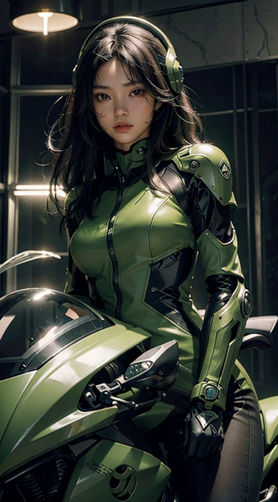 Highest image quality, outstanding details, ultra-high resolution, (realism: 1.4), the best illustration, favor details, highly condensed 1girl, with a delicate and beautiful face, dressed in a black and green mecha, wearing a mecha helmet, holding a directional controller, riding on a motorcycle, the background is an indoor high-tech lighting scene of the future city. Maximize exposure.