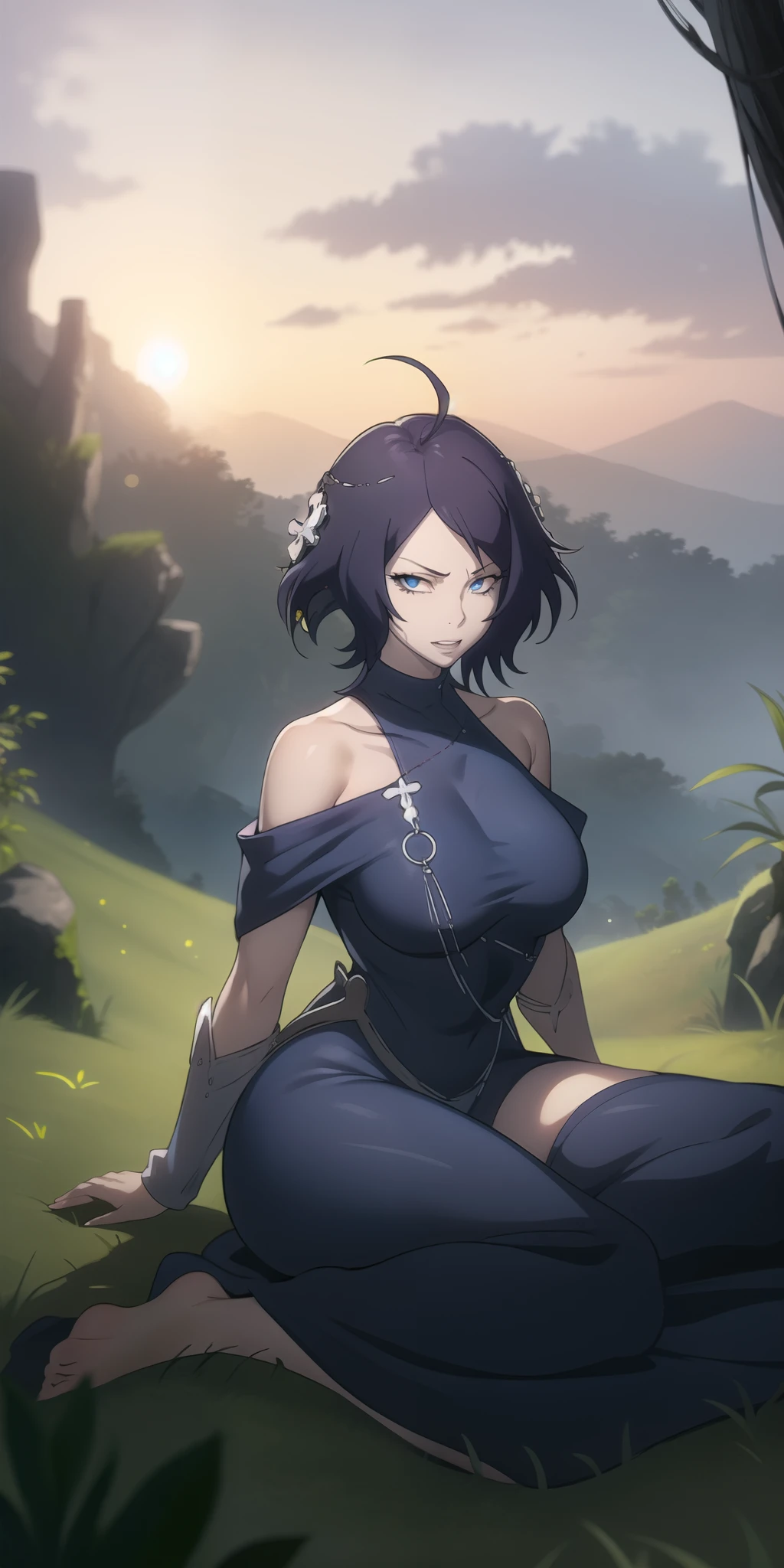 MC, ahoge, (long hari, purple hair:1.3), hair ornament, dark-blue eyes, breasts, epic art, fantasy, 1girl, grass, solo, barefoot, sitting, breasts, mountain, sunset, dress, bare_shoulders, outdoors, looking_at_viewer, off_shoulder, field, sky, lake, collarbone, mountainous_horizon, indian_style, twilight, tree, black_dress, large_breasts, scenery, medium_breasts, feet, off-shoulder_dress, (bokeh:1.3), rock, hollow eyes, bright pupils, dark-blue eyes, looking at viewer. (glowing eyes:1.3), heavy breathing, smirk, upper teeth,
