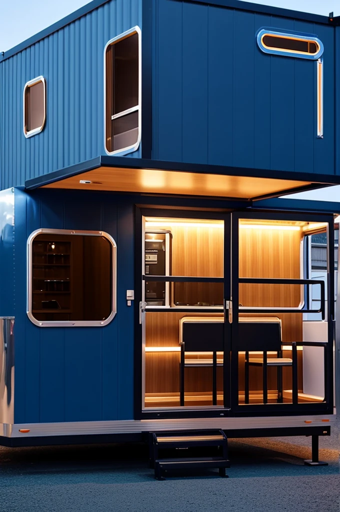 luxury trailer coffee shop, capsule Splash blue color  Efficient modern, can be towed, black bronze Color Twisted Gradient, led lighting ,window and door,really very clear, 8k,background,3d, The style will be a realistic photograph