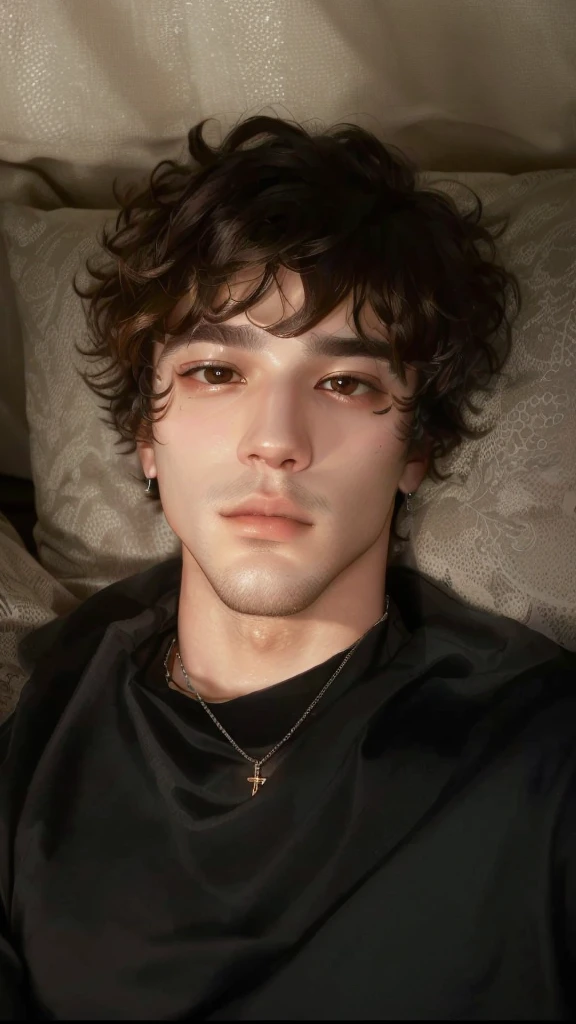 Man lying on a sofa with a necklace around his neck, he has short brown hair, taken at the beginning of 2020, perfect beautiful  face, beautiful  face, Taehyung Kim, looking defiantly at the camera, inspired by John Lucas, profile picture with headshot, really beautiful  face!!, curls on top of the head, beautiful  face