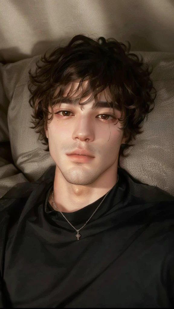 Man lying on a sofa with a necklace around his neck, he has short brown hair, taken at the beginning of 2020, perfect beautiful  face, beautiful  face, Taehyung Kim, looking defiantly at the camera, inspired by John Lucas, profile picture with headshot, really beautiful  face!!, curls on top of the head, beautiful  face