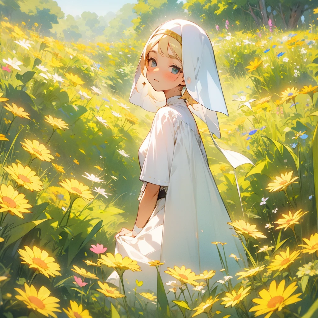 Delicate and beautiful flower fields spread out、In the middle stands a pious nun、She is tending to the flowers with a gentle expression.、Infuse your scene with warmth and emotion. Allowing the viewer to feel the divine presence emanating from depictions of love and devotion.Gentle sunlight、A delicate and gentle world