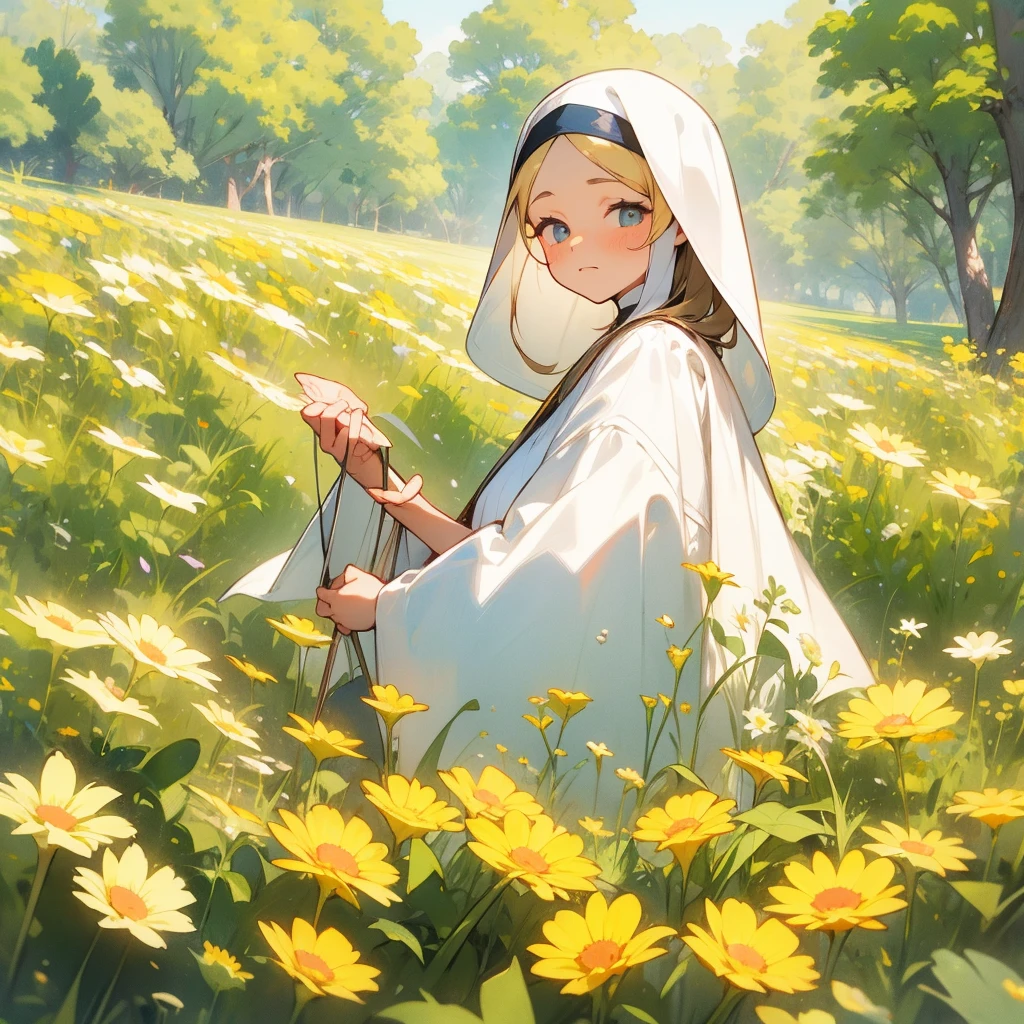 Delicate and beautiful flower fields spread out、In the middle stands a pious nun、She is tending to the flowers with a gentle expression.、Infuse your scene with warmth and emotion. Allowing the viewer to feel the divine presence emanating from depictions of love and devotion.Gentle sunlight、A delicate and gentle world