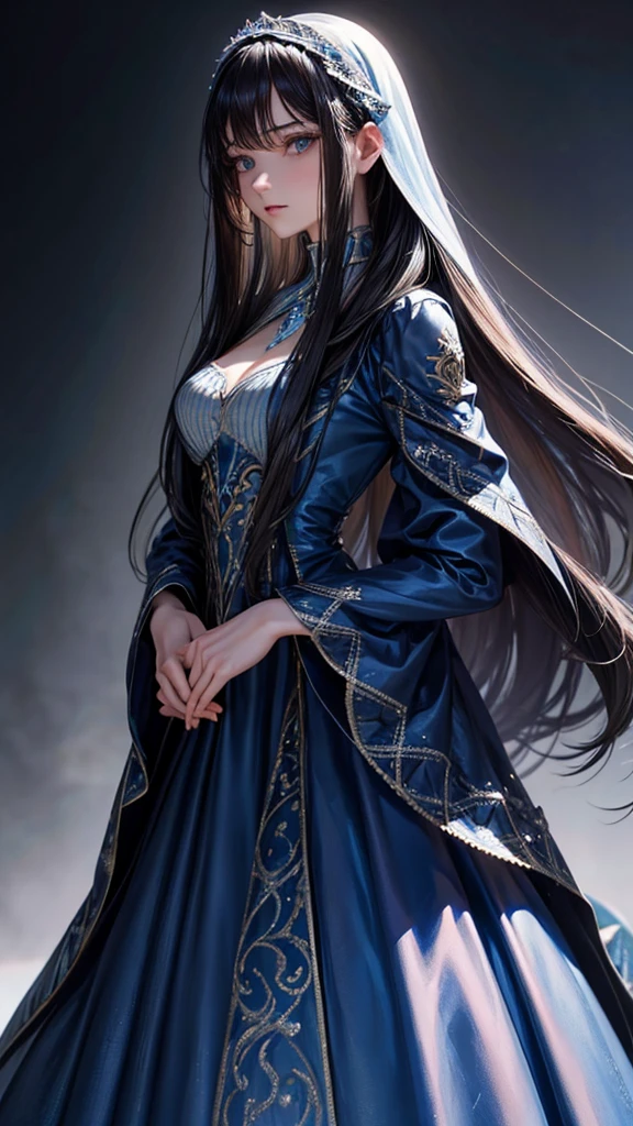 A beautiful woman in a blue dress and long hair, Her intense gaze and pale skin contrast with the cold ice landscape that surrounds her.. The detail in her dress and hair is impressive., Every fold and strand of hair is meticulously rendered in this hyper-realistic work of art..
