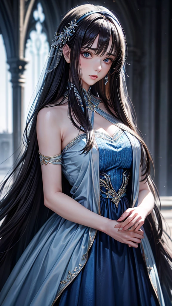 A beautiful woman in a blue dress and long hair, Her intense gaze and pale skin contrast with the cold ice landscape that surrounds her.. The detail in her dress and hair is impressive., Every fold and strand of hair is meticulously rendered in this hyper-realistic work of art..