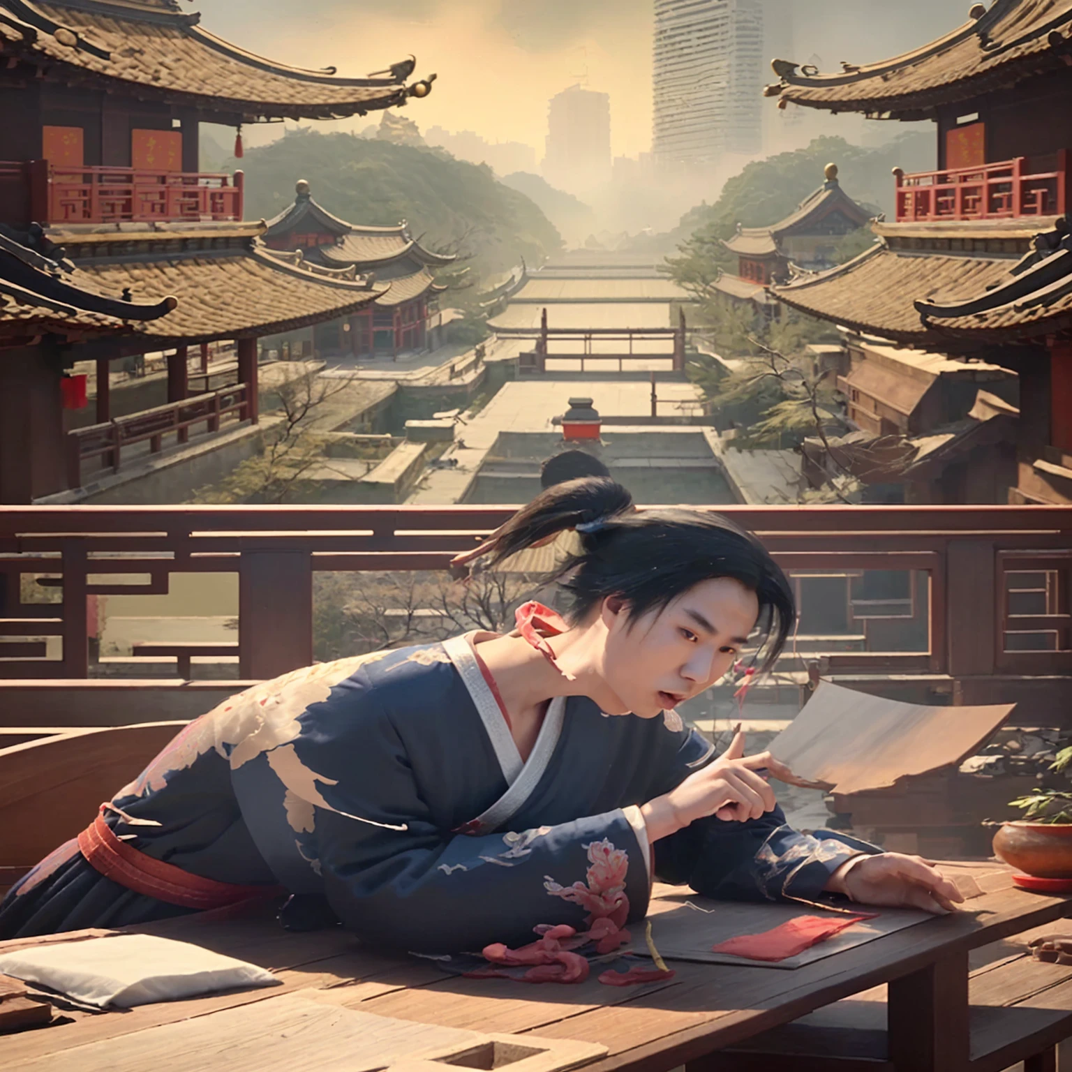 (Young man in Taoist robe,Standing, The expression is helpless,Under the weather) (A dilapidated Taoist temple) (Look at the contract on the table) arrive "Firmly establish the sense of community of the Chinese nation.",Building the Chinese Dream arrivegether" As the theme of the animation design competition,Animation format is electronic,The theme is clear,Creative and beautiful,Focus on cultivating the Chinese Dream of the great rejuvenation of the Chinese nation,Pay attention to patriotic education,Guide contemporary young people to firmly establish the core values of socialism,Establish a correct view of the country、、Ethnic and cultural perspectives。